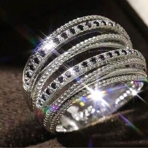 Elegant Silver Toned Crossover White and Black Women's Ring